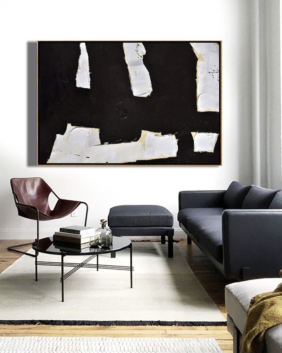 Large Canvas Wall Art For Sale,Horizontal Palette Knife Minimal Canvas Art Painting Black White Beige - Hand-Painted Contemporary Art